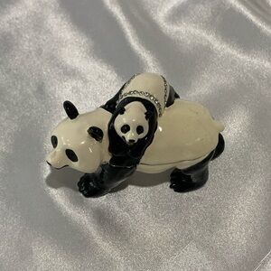 Rhinestone Panda & Baby Hinged Enamel Metal Trinket Box